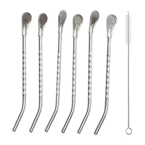 Набір багаторазових ложок-трубочок 6 шт для напоїв 19.5 см зі щіткою для миття з нержавіючої сталі Сірий HP-20-54