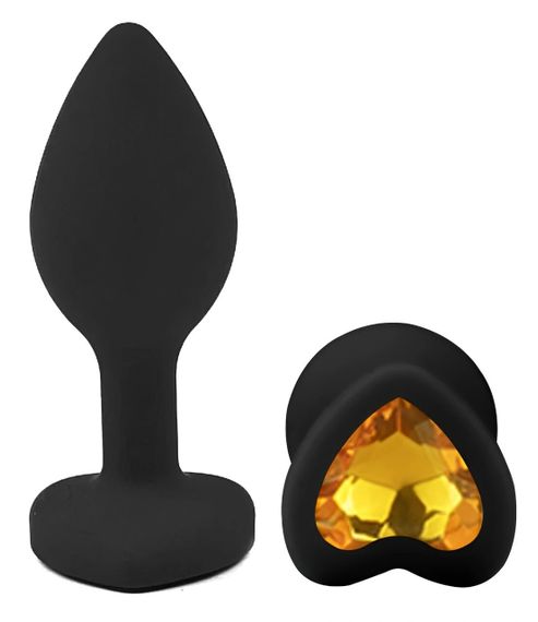 Анальна пробка EGZO Silicone Black Heart Plug S, чорна силіконова пробка з жовтим серцем Sex Aura | Зображення 1