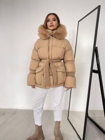Пуховик с опушкой Cresh Puffer, карамель M-L
