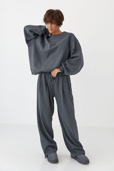 Теплий однотонний костюм зі світшотом та штанами зі складками - темно-сірий цвет, M (є розміри)