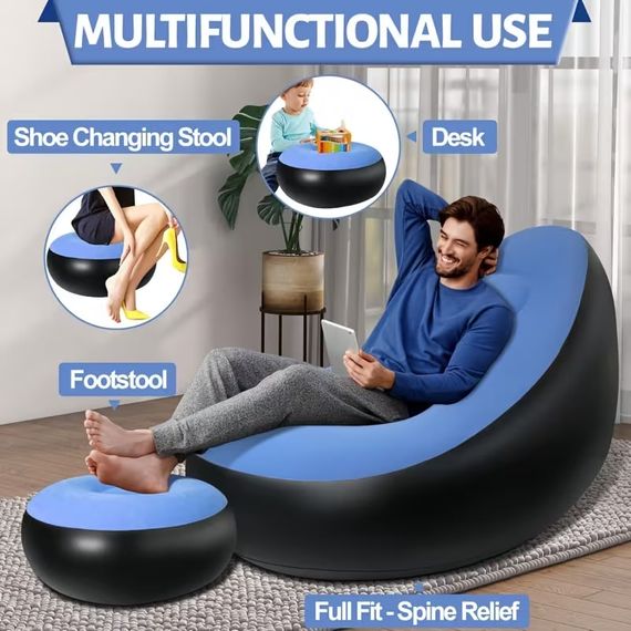 Надувной диван с пуфом Air Sofa / Надувное велюровое кресло с пуфиком+насос Голубой | Зображення 4