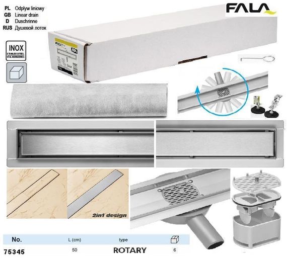 Трап для душу підлоговий ROTARY нержавійка 50 см поворотний сифон FALA-75345