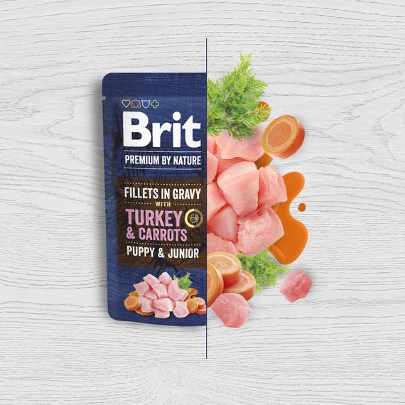 Корм вологий Brit Premium Fillets in Gravy Turkey and Carrots Puppy д/цуценят малих порід філе в соусі індичка і морква 85 г | Зображення 1