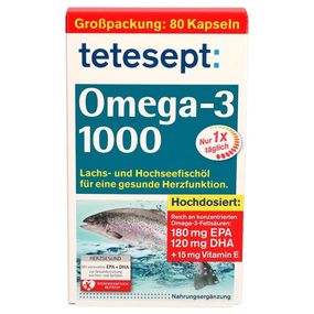Рыбий жир "TETESEPT Omega-3 1000 mg + Vitamin E 15 mg." для очищения сосудов и укрепления сердца, 80 шт.