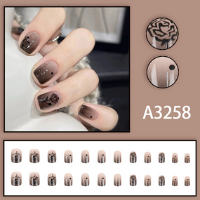 Накладные ногти с клеем A3258 Черный с розами 24 шт (A9586)