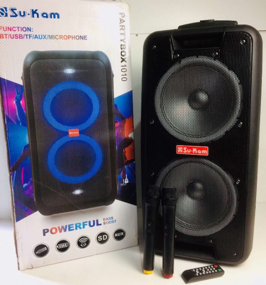 Портативная колонка Su-Kam 1010 + 2 микрофона + BT 12v220v