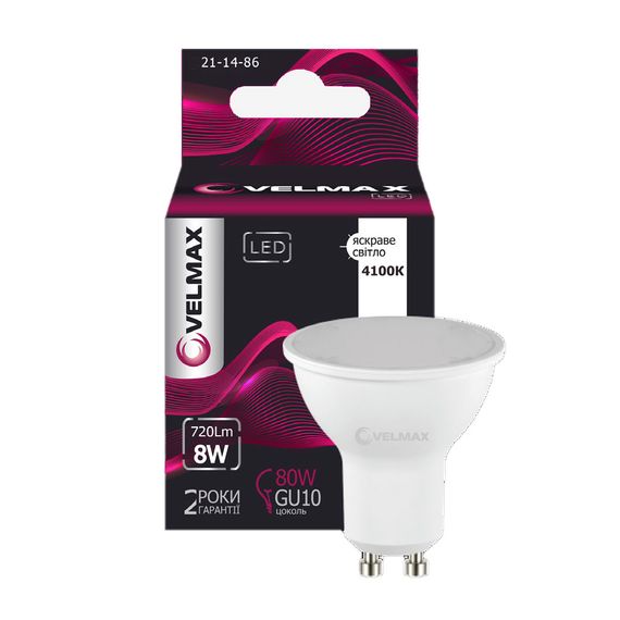21-14-86 LED лампа Velmax V-MR16, 8W, 220V, GU10, 4100K, 720Lm