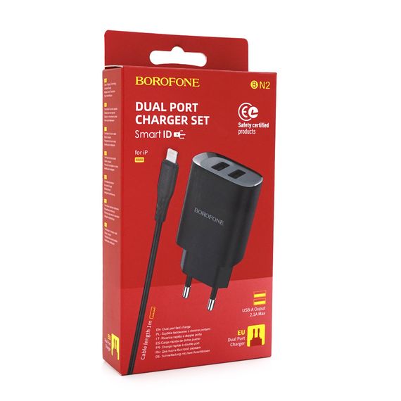 Набір BOROFONE BN2 СЗУ 2xUSB+ кабель Lighting, 2.1A, 1м, Black | Зображення 1