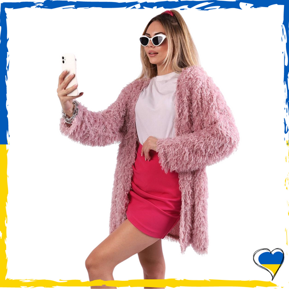 Кардиган жіночий бежевий/рожевий середньої довжини. Кардиган з штучного пір'я | Зображення 1