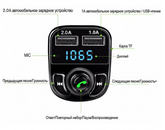 ФМ модулятор FM трансмиттер CAR X8 с Bluetooth MP3 (X8) | Зображення 4