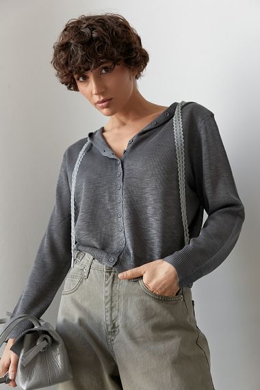 Легкий в'язаний кардиган на ґудзиках із капюшоном - темно-сірий цвет, ONE SIZE (є розміри)
