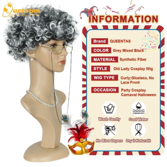 Перука сива бабуся кучерява, термостійка, набір комплект для косплею, свят, Геловіну, корпоратив, вистав | Зображення 3