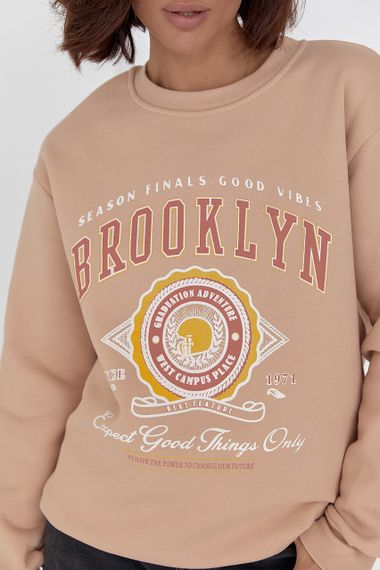 Трикотажный свитшот на флисе с надписью Brooklyn - бежевый цвет, L (есть размеры) | Зображення 3