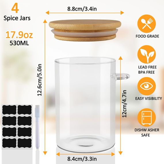 Банки для хранения набор 4 шт 500 мл стеклянные емкости с ложкой, крышкой, наклейками для кухни чая кофе круп | Зображення 2