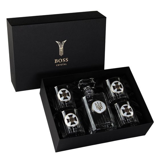 Набір для віскі "СЛУЖБА БЕЗПЕКИ" 4 келиха 360 мл, графін 750 мл, кришталь з платиною, зображення зі срібла з