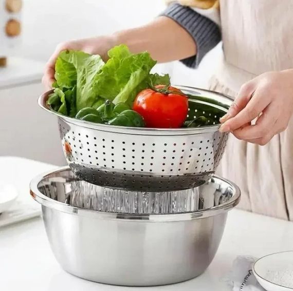 Многофункциональный кухонный набор из нержавеющей стали 3 в 1 Metal Basket Cutter Миска дуршлаг и терка | Зображення 3