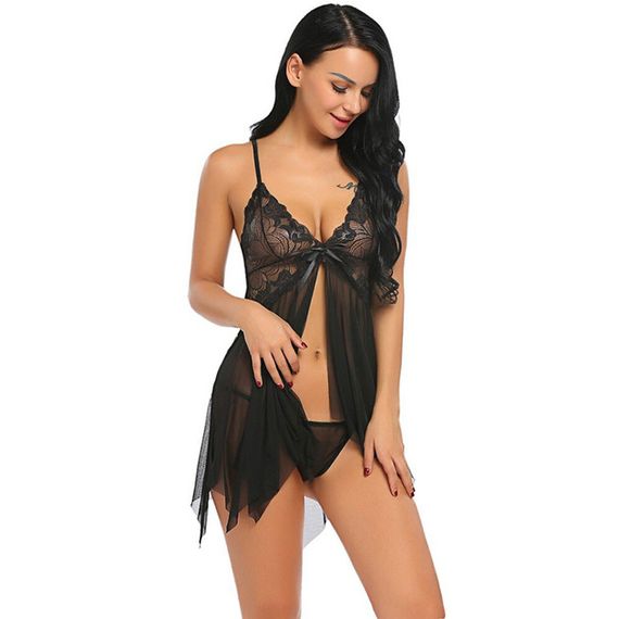 Соблазнительный черный пеньюар-разлетайка и стринги XXL | Зображення 6