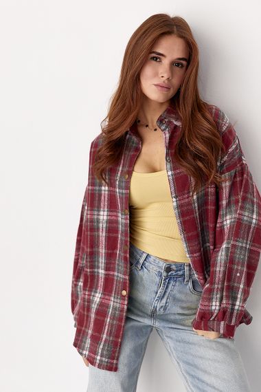 Картата сорочка на кнопках із напівкруглим низом - темно-червоний цвет, ONE SIZE (є розміри)