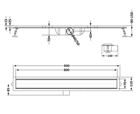 Лінійний трап Qtap Taurus FA800MBLA із нержавіючої сталі, з сухим затвором QTTAUFA800MB | Зображення 1