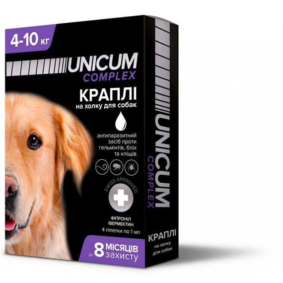 Капли от блох, клещей и глистов для собак 4-10 кг Unicum Complex, 4 пип