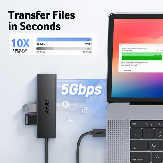 Acer USB-C Hub 3.0 — 5-в-1 надтонкий концентратор Type-C, адаптер із 5 портами, підтримка 5V/3A PD | Зображення 2