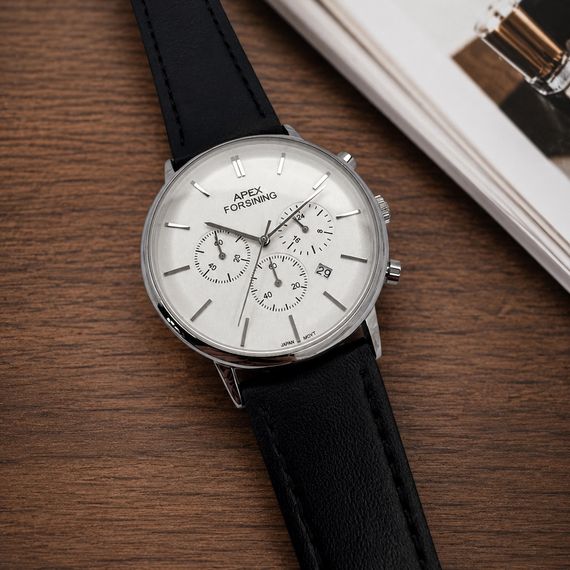 Чоловічий годинник Forsining 8312 Black-Silver-White з хронографом та шкіряним ремінцем | Зображення 1