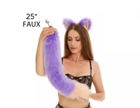 Анальный меховой хвост без пробки, Фиолетовый с персиковым кончиком, OKOVA 100 см. sexstyle