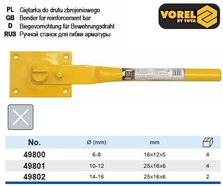 Ручний верстат для гнуття арматури Ø=10-12 мм 25х16х6 мм VOREL-49801