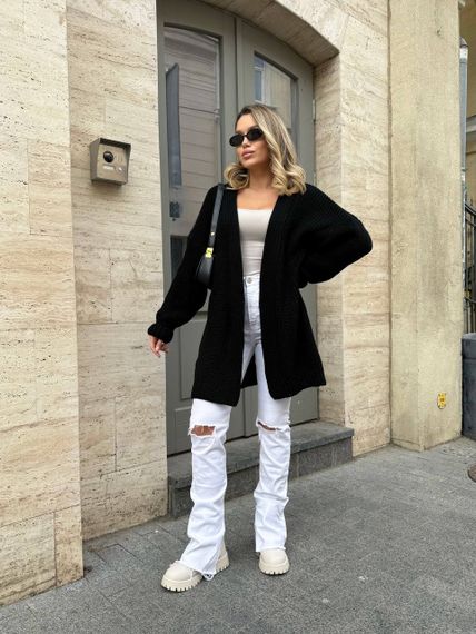 Женский вязаный теплый кардиган оверсайз цвет черный размер onesize 44-54   ML5009 | Зображення 3