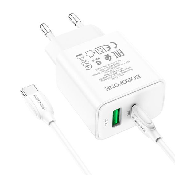 СЗУ Borofone BA67A PD20W+QC3.0 (1USB-A/1C) + кабель Type-C to Type-C Белый | Зображення 1