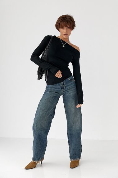 Асиметричний лонгслів з відкритим плечем - чорний цвет, M (є розміри) | Зображення 2