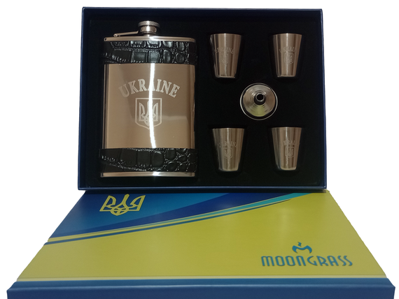 Подарунковий набір MOONGRASS 6в1 з флягою, чарками, лійкою UKRAINE 🇺🇦 WKL-004