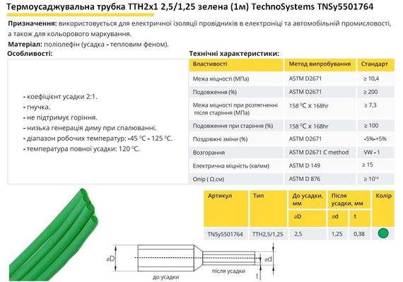 Термоусадочная трубка ТТН2х1 2.5/1.25 зеленая 1 метр Ny95501764 | Зображення 1