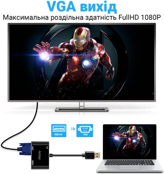 Многофункциональный USB хаб для ноутбука Addap MH-12 для передачи видео, переходник с USB 3.0 на 2 порта HDMI+VGA | Зображення 6