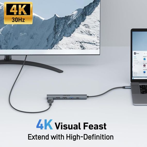 Концентратор Acer 5-в-1 USB-C — багатопортовий адаптер із 4K HDMI, потужністю 100 Вт і 3 портами USB-A | Зображення 5