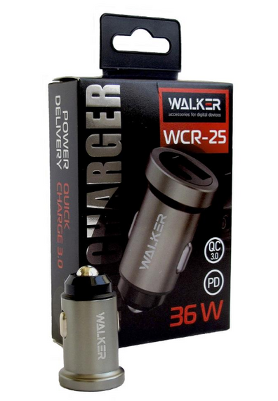 Автомобільний зарядний пристрій WALKER WCR-25 USB+Type-C 3,1А QC+PD чорний | Зображення 1