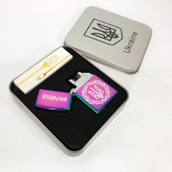 Дугова електроімпульсна запальничка USB Україна металева коробка HL-447. Колір: хамелеон | Зображення 4