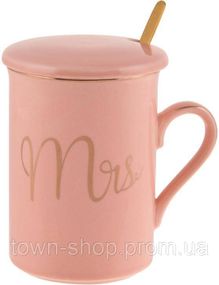 Кружка фарфоровая Coffee Prelude "Mrs" 380мл с крышкой и ложкой, розовая BD-984-211