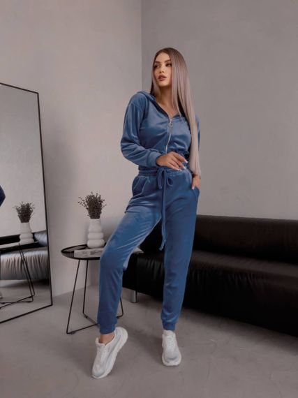 Женский спортивный велюровый костюм с укороченной кофтой LM10364 цвет синий, размер 42/44 | Зображення 1