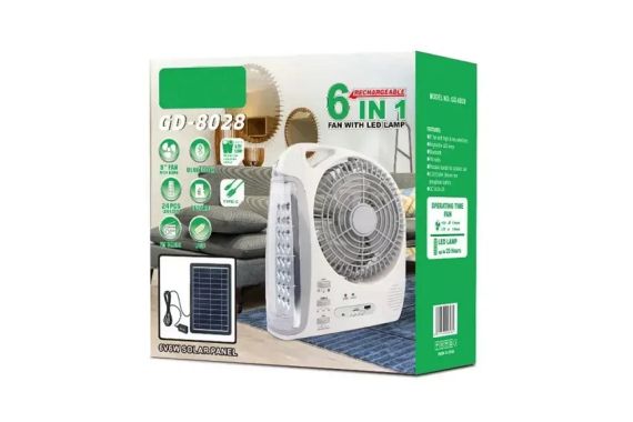 Вентилятор портативний (GD-8028/N283) 6в1 (8", LED лампа, радіо, сонячна панель, 2 швидкості, 10Вт, Bluetooth, USB, 3.2V/5500 мАг) | Зображення 1