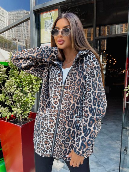 Женская теплая флисовая рубашка леопардоваый принт ALI302/1 цвет коричневый, размер 54/56