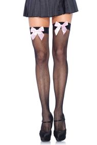 Сетчастые чулки с розовым бантом Leg Avenue Fishnet Thigh Highs With Bow One Size Черный