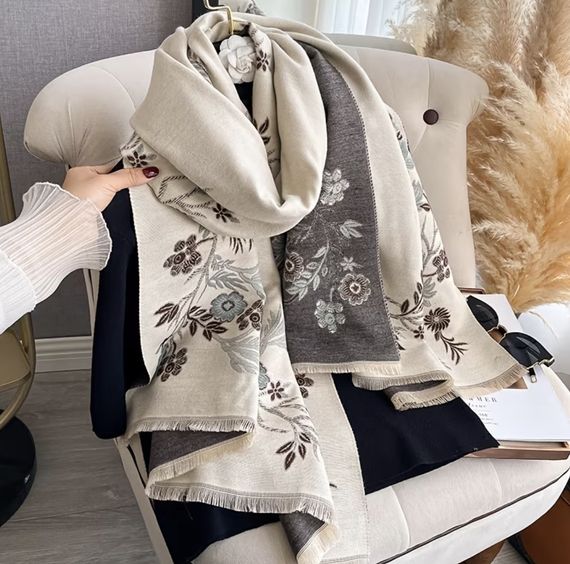 Женский теплый  двусторонний палантин с цветочным принтом  60*180см Серый (5045) | Зображення 1