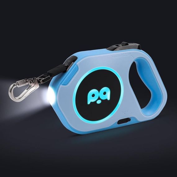 Рулетка поводок с фонариком на USB голубая 5м на вес 4,5 кг-40 кг.
