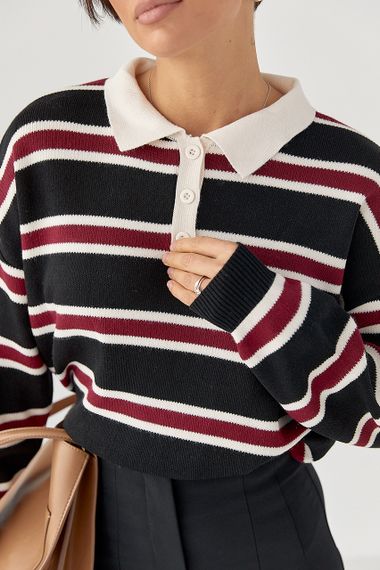 Кофта-поло у смужку вільного фасону - чорний цвет, ONE SIZE (є розміри) | Зображення 3