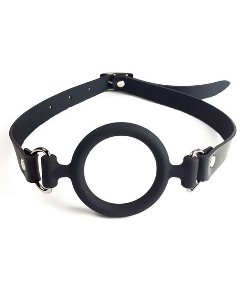 Кляп силіконове кільце натуральна шкіра, Gag ring діаметр кільця 40 мм, Чорний, One Size