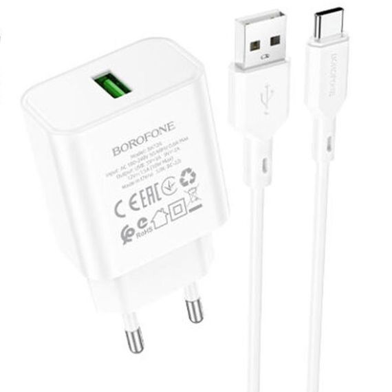 МЗП Borofone BA72A Spring QC3.0 (1USB-A) + кабель USB to Type-C White
