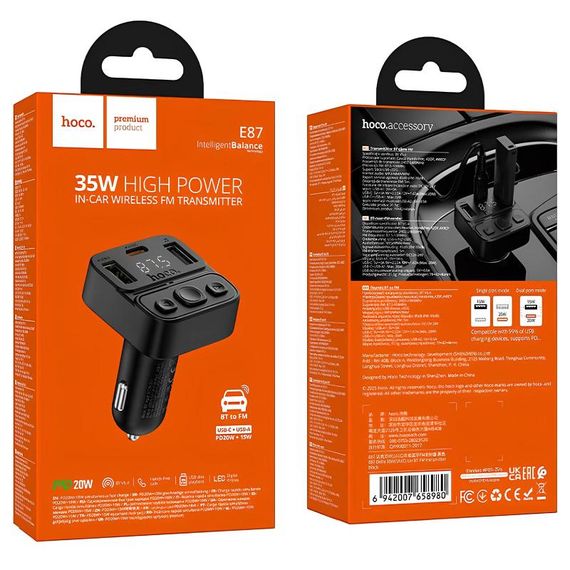 АЗП FM модулятор Hoco E87 Delta 35W (1USB-A/1C) Black | Зображення 3