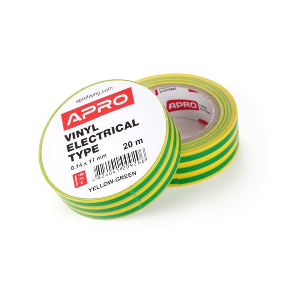 Ізоляційна стрічка жовто-зелена 0.14х17мм 20 м (пачка, кратність 10 шт.) APRO ET-20YG1