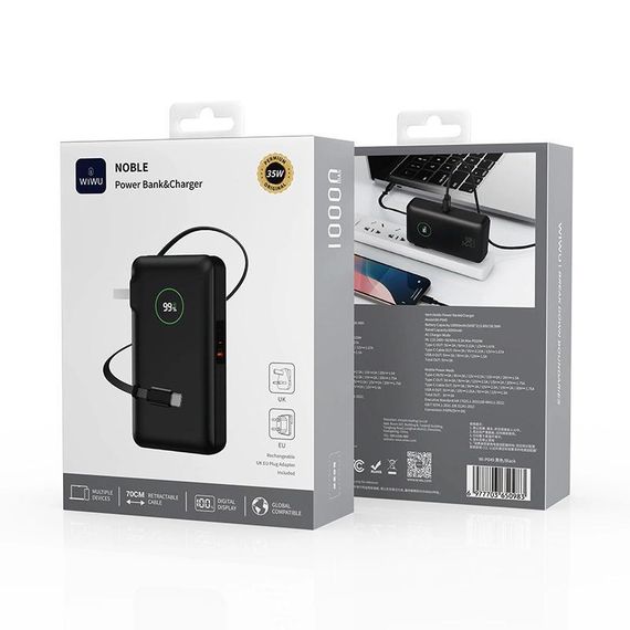 Портативний ЗП Power Bank WIWU Wi-P049 22.5W+PD35W with cable 10000 mAh Black | Зображення 1